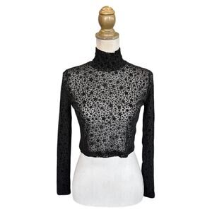 Motel Lara Sheer Mock Neck Flocked Star Pattern Long Sleeve Crop Top - Black - S